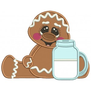 Gingerbread Man Holding Jar Of Milk Applique Machine Embroidery Design Digitized Pattern